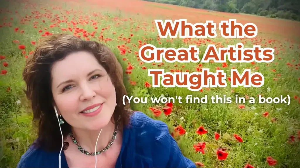 Crista in a flower field sharing what the wisdom that great artists have shared with her