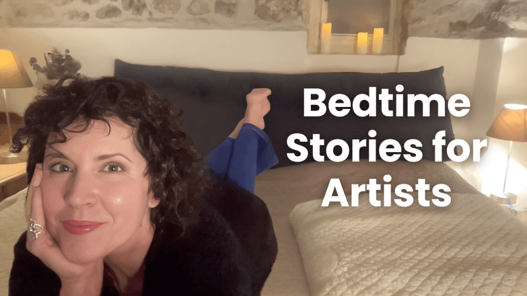 Crista in bed talking about Bedtime Stories for Artists, before The Working Artist Academy enrollment closes