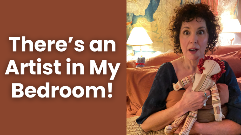 Crista in bed being woken up because there was an artist in her bedroom asking about The Working Artist Academy