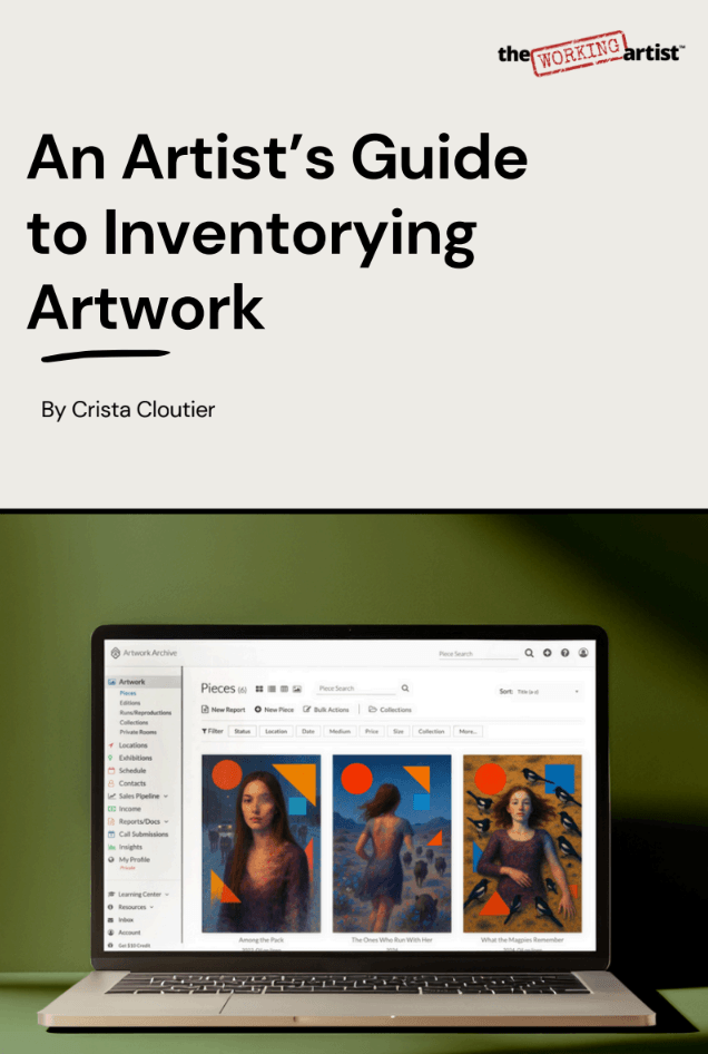 A mockup of a laptop displaying an artwork inventory spreadsheet alongside the PDF cover of An Artist's Guide to Inventorying Artwork by Crista Cloutier of The Working Artist — representing the essential professional practice of documenting, archiving, and protecting a lifetime of creative work.