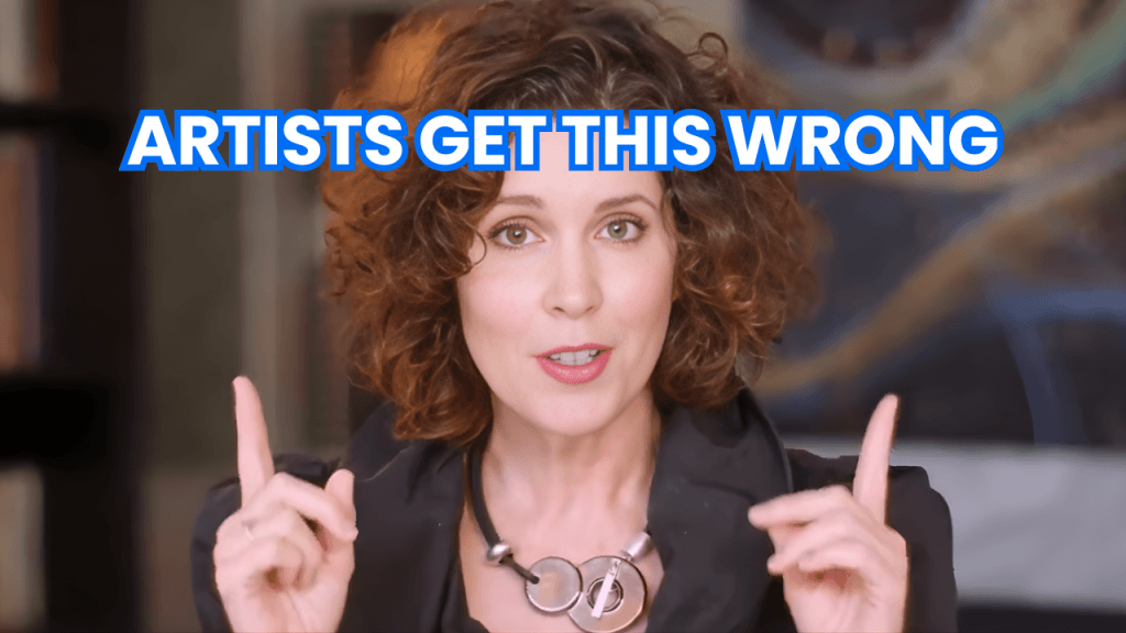 Crista Cloutier speaking on camera in a YouTube thumbnail about art marketing advice.