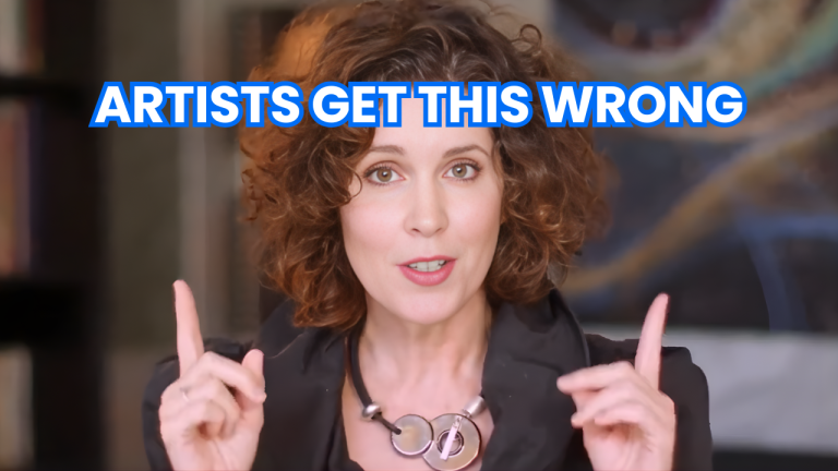 Crista Cloutier speaking on camera in a YouTube thumbnail about art marketing advice.