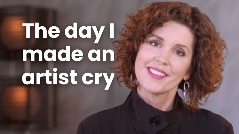 Crista Cloutier in a video thumbnail, speaking about building an art career.