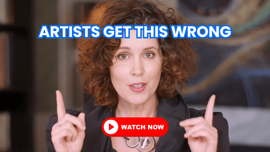 Crista Cloutier speaking on camera in a YouTube thumbnail about art marketing advice.