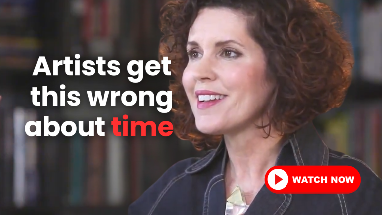Crista Cloutier speaking on camera in a video screenshot about time management for artists.