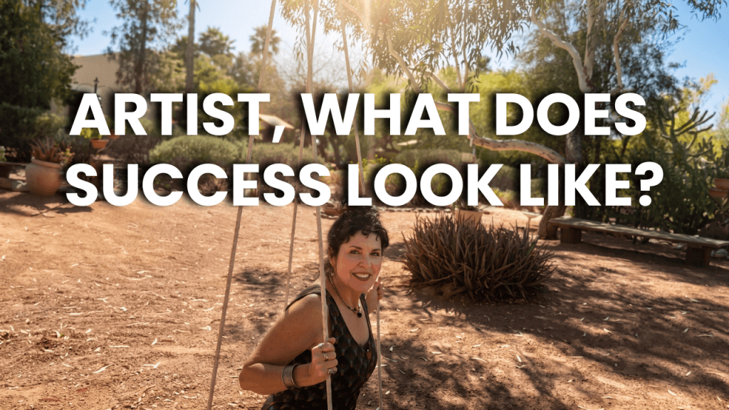 Crista Cloutier sitting on a swing speaking on camera in a video thumbnail about building a working artist career.
